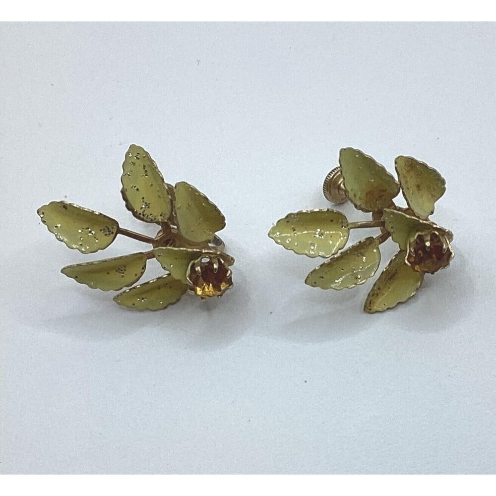 1940s Frosted Enamel Screw Earrings Flower Art Nouveau Topaz